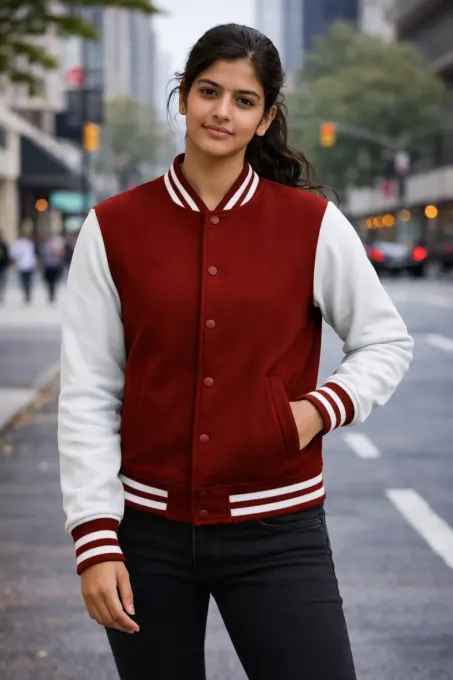 Red and white unisex varsity jacket