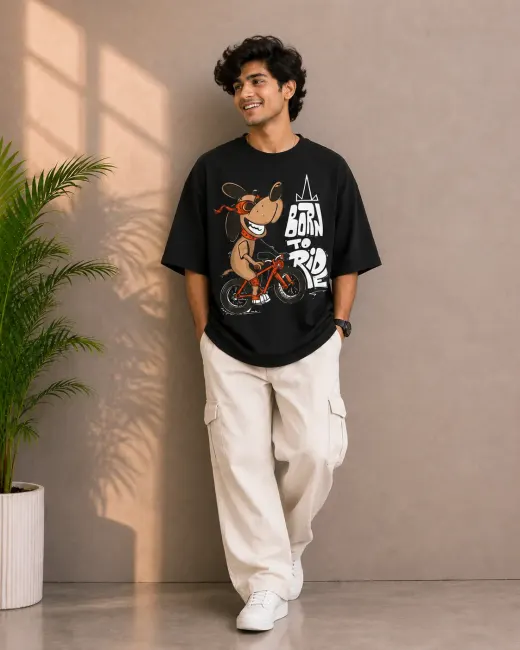 Road Rebel oversized t-shirt with street-style print, flat-lay on neutral background