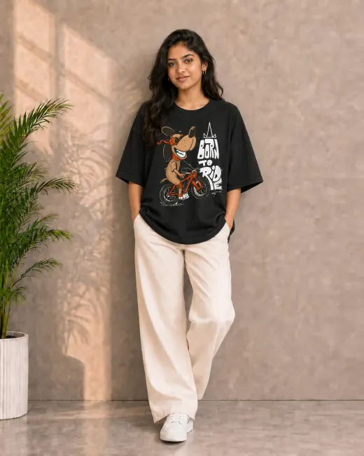 Road Rebel tee oversized t-shirt styled on a model in an urban streetwear look