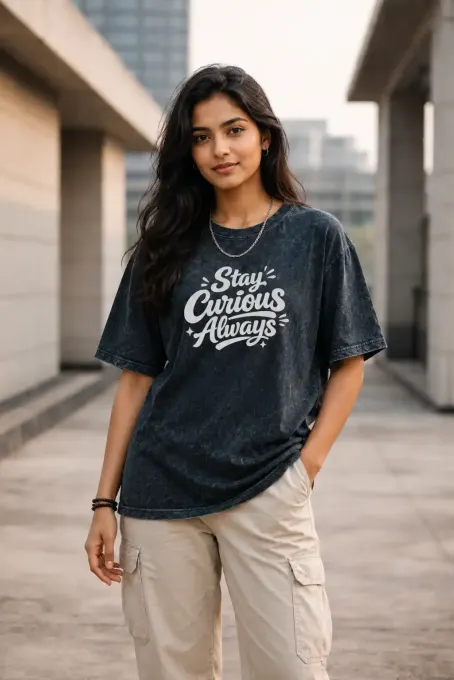 Unisex oversized acid-washed t-shirt featuring a 'Stay Curious' Einstein graphic