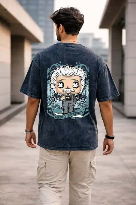 Unisex oversize acid-washed t-shirt in faded grey with 'Stay Curious' Einstein graphic and relaxed fit