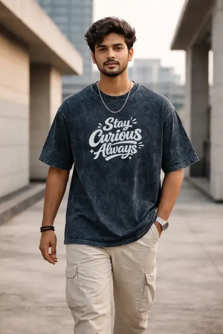 Unisex oversize acid-washed t-shirt featuring a 'Stay Curious' Einstein graphic