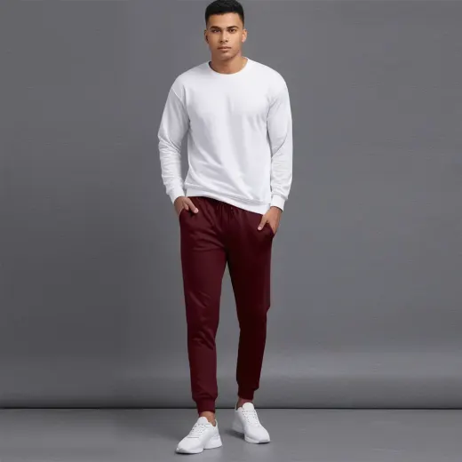 Maroon relaxed-fit women's jogger pants, full-length view