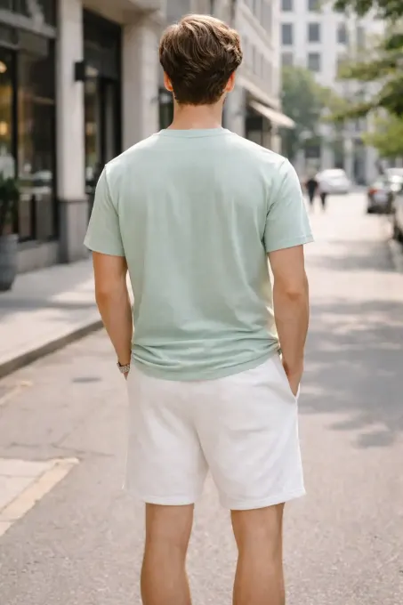 Unisex white casual cotton terry shorts laid flat, elastic waistband and side pockets visible