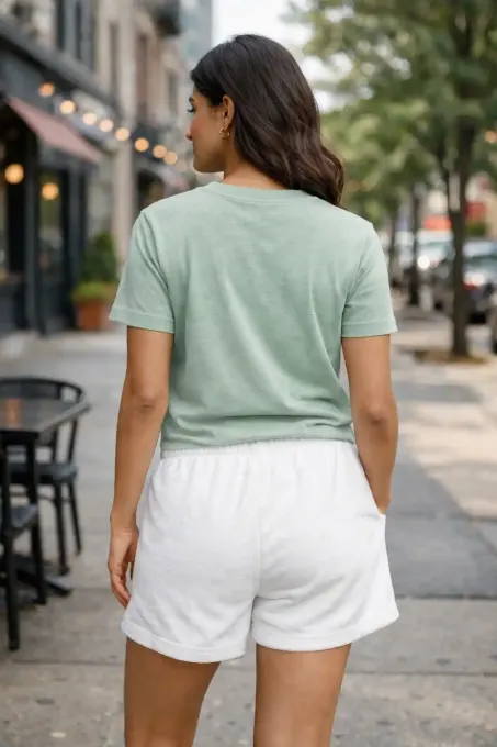 Unisex white casual cotton terry shorts, front view