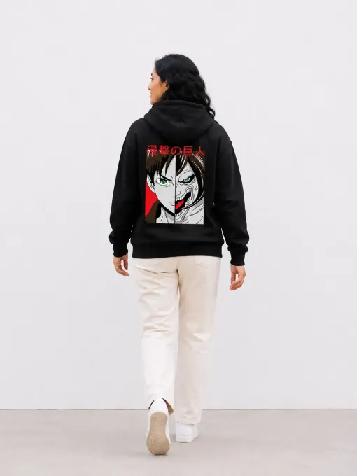 Black pullover hoodie with anime-style eyes graphic on the chest, hood and kangaroo pocket