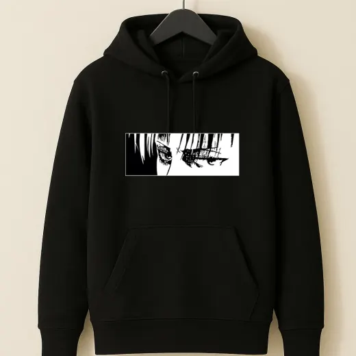 Black pullover hoodie featuring an anime warrior graphic on the front, long-sleeve casual oversized style.