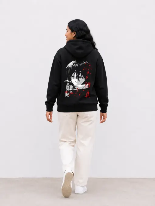 Black pullover hoodie featuring an anime warrior graphic on the chest