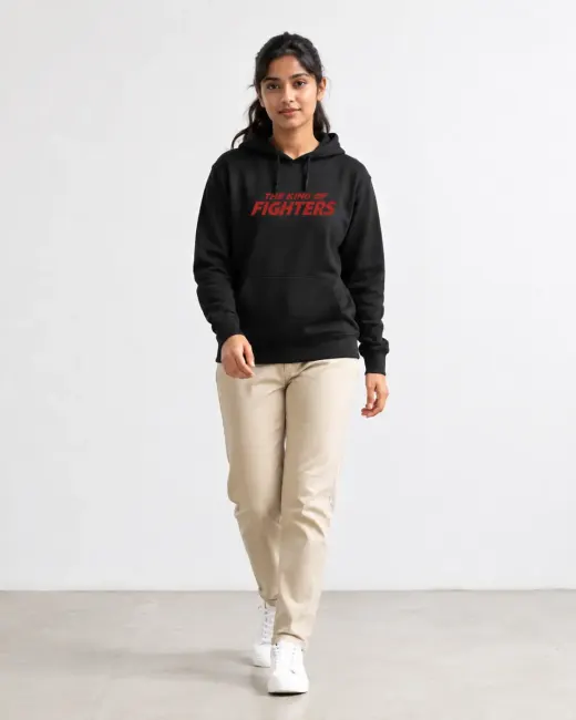 Black "Anime Fighter" pullover hoodie with bold chest graphic and drawstring hood