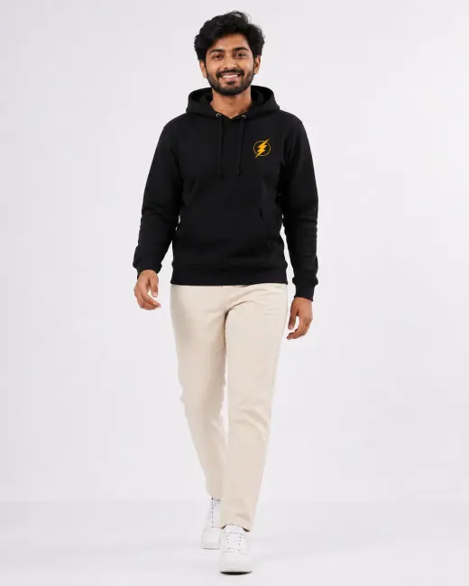 Black pullover hoodie with 'Save The World' chest text, laid-flat front view