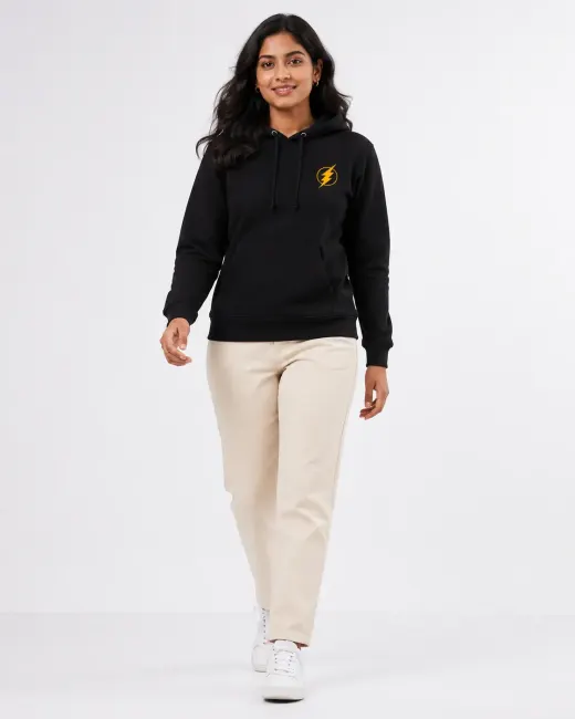 Black pullover hoodie with 'Save The World' front graphic, oversized fit, long sleeves and kangaroo pocket