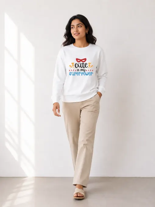 Cute Is My Superpower graphic sweatshirt with bold text print