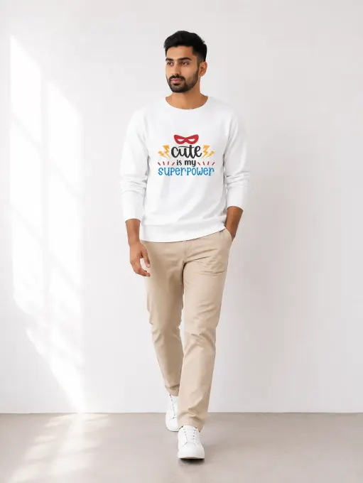 Oversized graphic sweatshirt with the phrase "Cute Is My Superpower" across the front