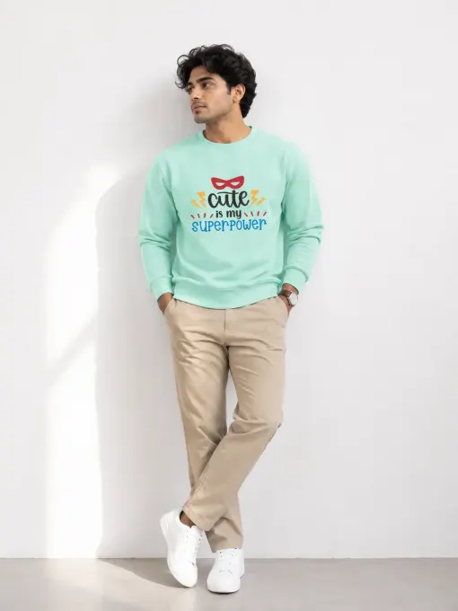 Oversized graphic sweatshirt with 'Cute Is My Superpower' text on front, casual premium cotton streetwear