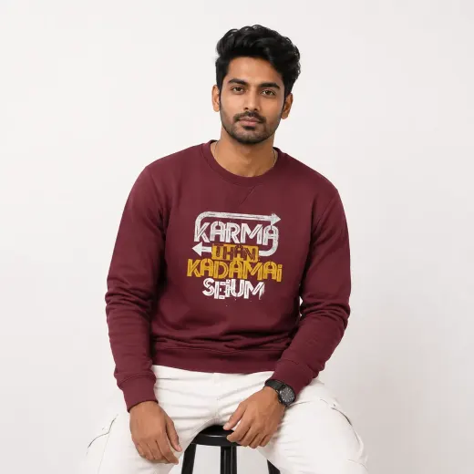 Karma Than Kadamai Seyum graphic sweatshirt front view with bold typographic print