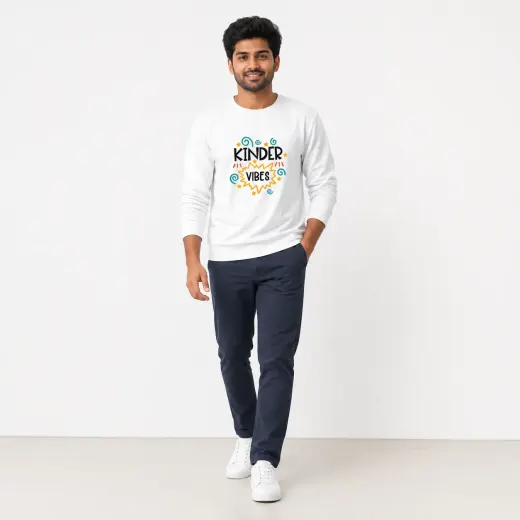 Kinder Vibes graphic unisex sweatshirt, front view showing bold playful chest print on a relaxed-fit sweatshirt