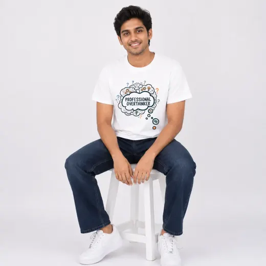White Supima cotton T-shirt with black 'Professional Overthinker' graphic text, crew neck and short sleeves