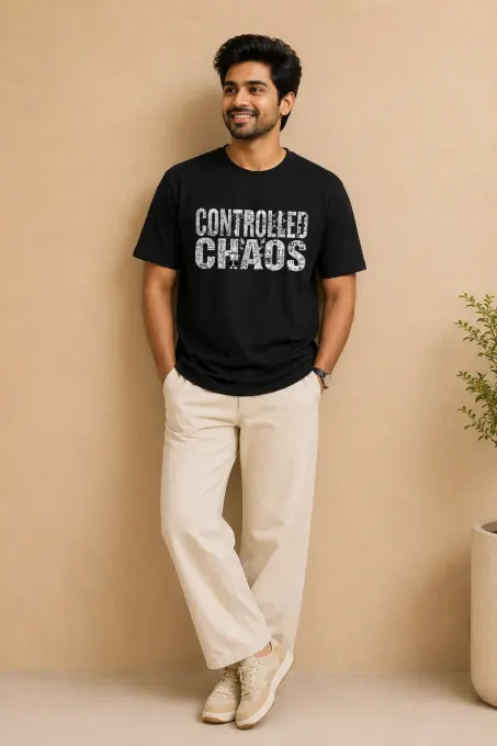 Controlled Chaos black graphic Supima cotton t-shirt, front view