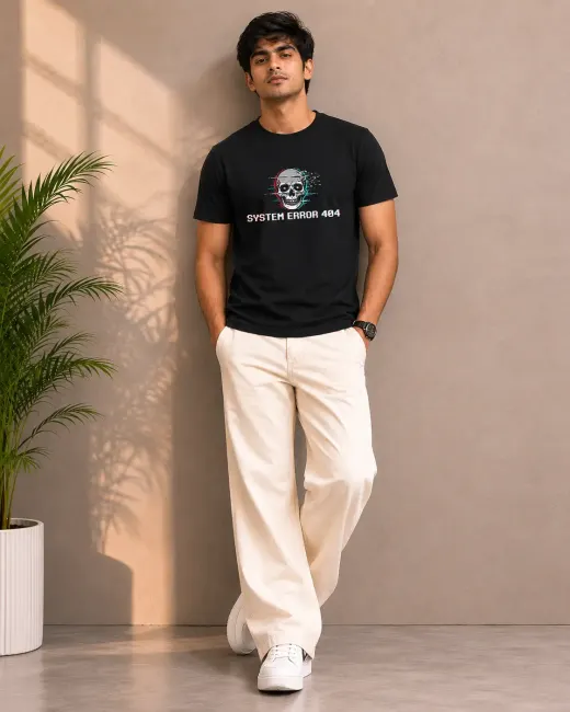 System Error 404 black graphic t-shirt in Supima cotton, front view