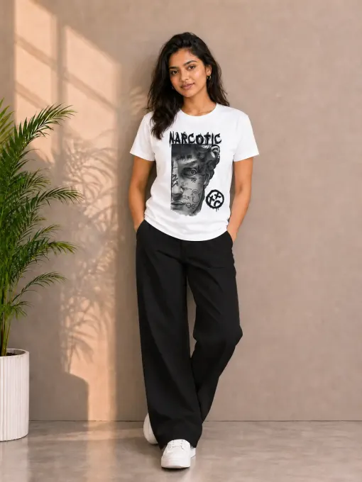 Narcotic White graphic t-shirt in Supima cotton with bold front print on white tee
