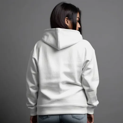 White heavyweight zip hoodie with hood and full front zipper, clean streetwear silhouette