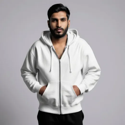 White heavyweight zip hoodie with full-length zipper and hood in urban streetwear style