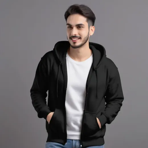Black heavyweight zip-up hoodie, front view showing full-length zipper and hood