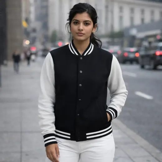 Black and white varsity bomber jacket, front view