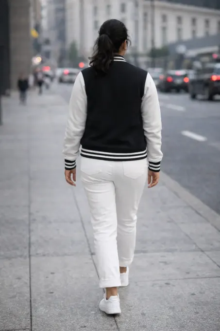 Black & white varsity bomber jacket, front view with contrast panels