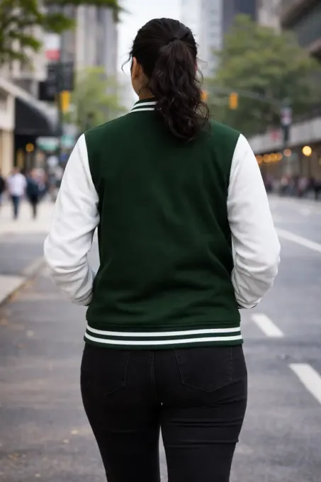 Unisex green and white varsity jacket with contrast ribbed collar, cuffs and front snap buttons