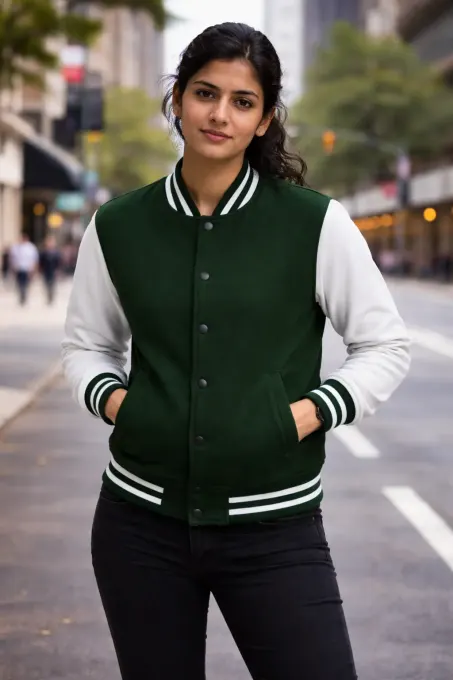 Green and white unisex varsity jacket with ribbed cuffs and contrast sleeves