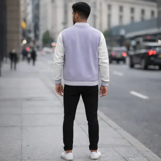 Lavender and white unisex varsity jacket in classic varsity silhouette