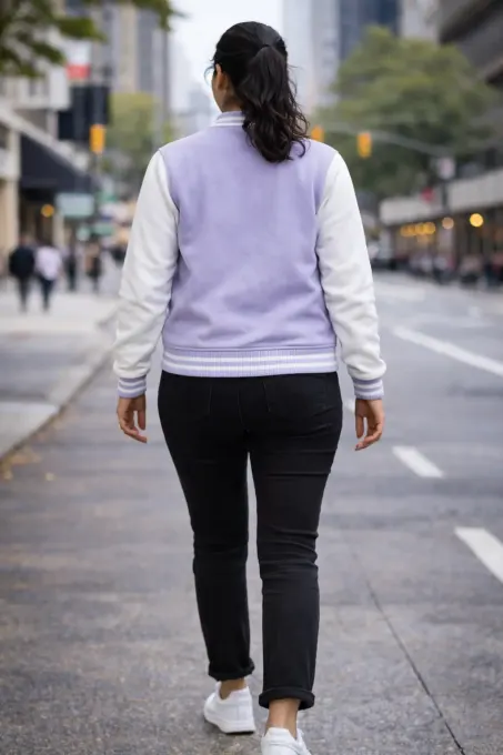 Lavender and white unisex varsity jacket with contrast white sleeves, ribbed collar and button front