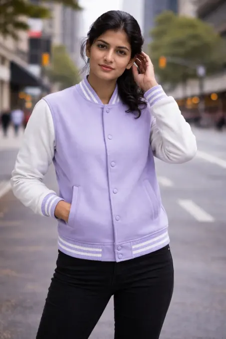 Lavender and white unisex varsity jacket, front view