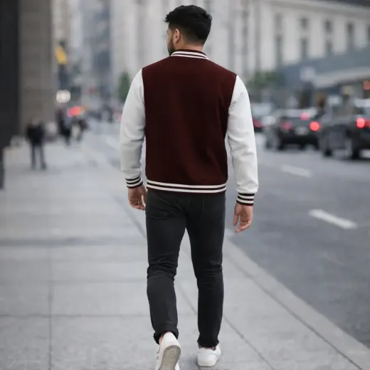Maroon and white unisex varsity jacket, front view