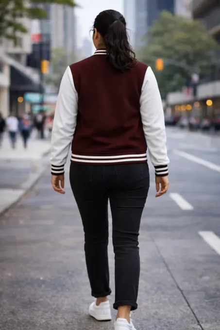 Maroon and white unisex varsity jacket, front view
