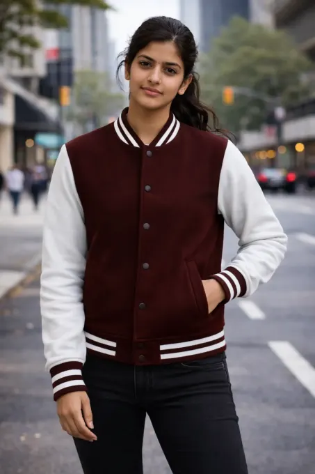 Maroon and white unisex varsity jacket, color-blocked design