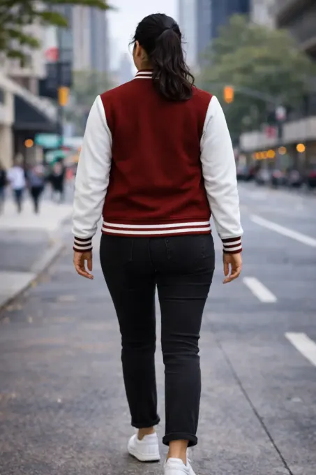 Red and white unisex varsity jacket — Legacy Versity Jacket, front view