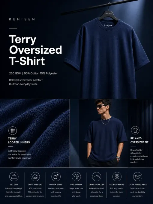 Navy blue terry oversize t-shirt on a plain background, short sleeves and relaxed fit