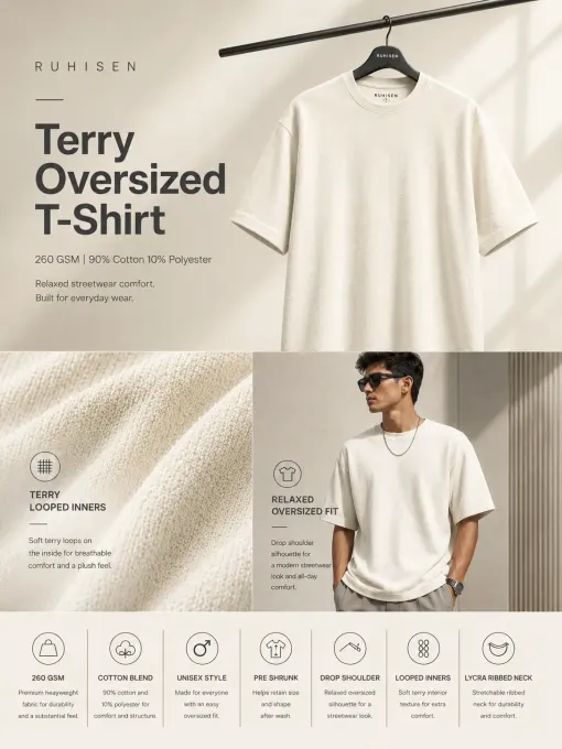 Off-white terry oversized t-shirt with dropped shoulders and relaxed fit on a neutral background