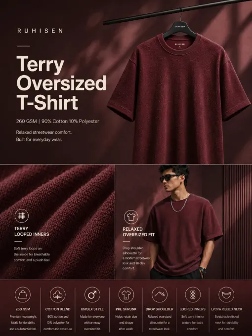Maroon terry oversize t-shirt in oversized cut