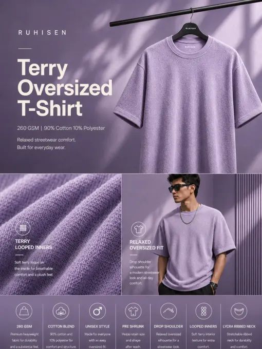 Lavender terry oversize t-shirt in soft terry fabric with relaxed, oversized silhouette