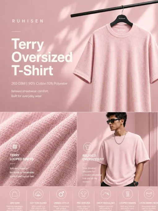 Pink terry oversize t-shirt on a neutral background