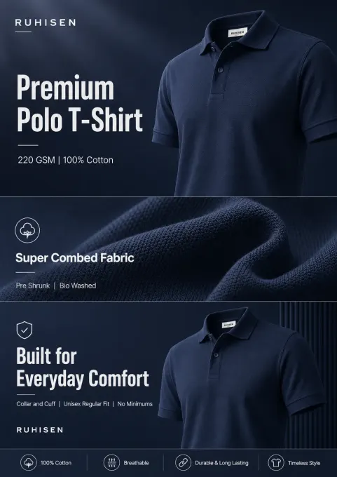 Classic navy blue polo t-shirt, front view, solid color with buttoned placket