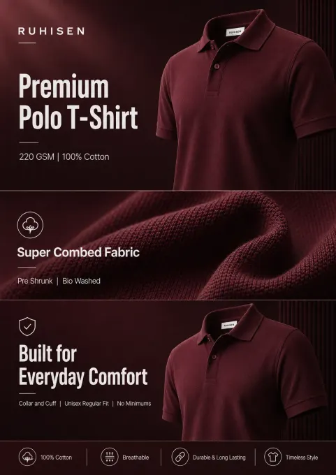 Classic maroon polo t-shirt with short sleeves and collar on a plain background