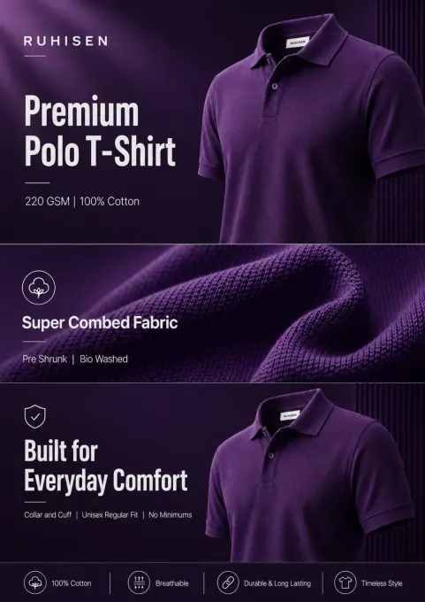 Classic royal purple polo t-shirt with ribbed collar and button placket