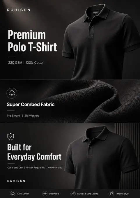 Classic solid black polo t-shirt with buttoned collar
