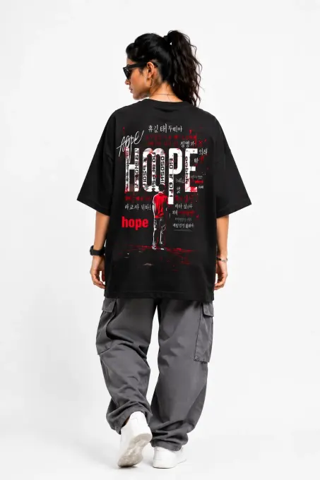 Redline Hope oversize t-shirt — red tee with white linear graphic, front view