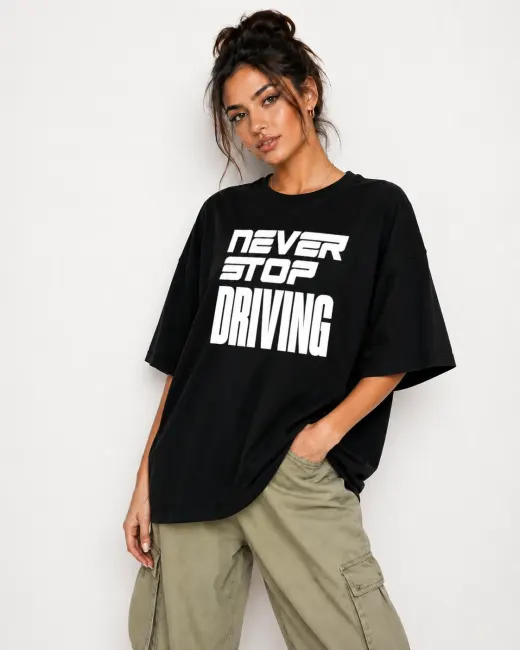 Ruhisen Velocity Drive oversized T-shirt, front view showing relaxed, boxy fit