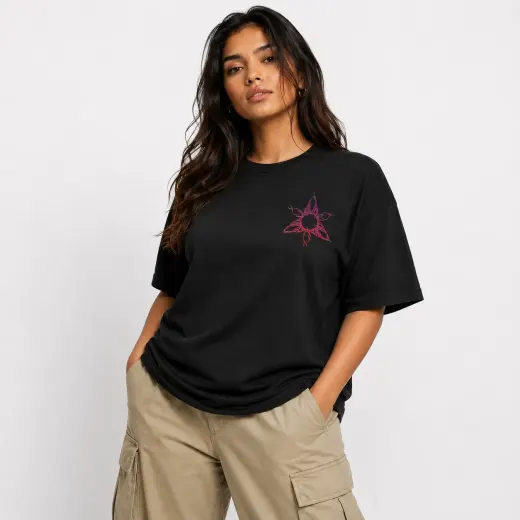 Crimson oversized cotton T‑shirt with antler chest graphic, front view—unisex casual tee